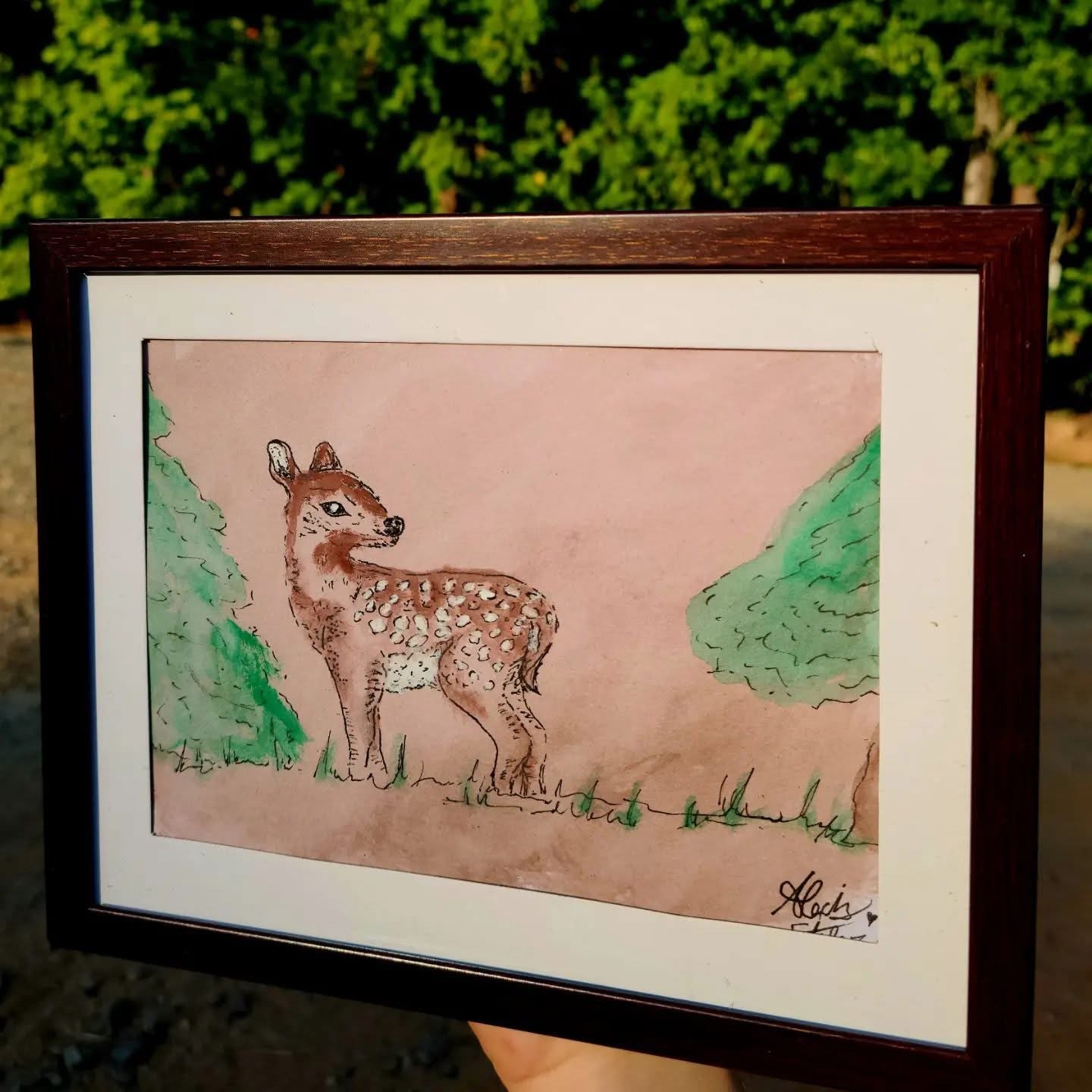 Framed Deer Watercolor Painting